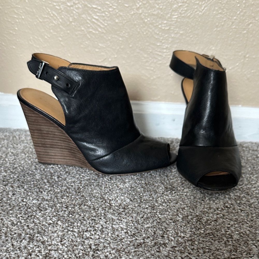 Coach Black Leather Peep-Toe Wedges